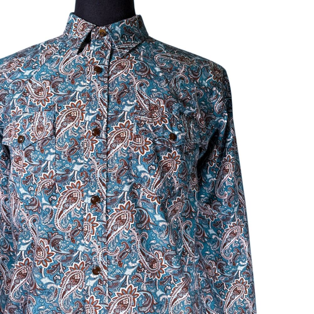 Cody James Mens Large Western Cowboy Snap Button Shirt Turquoise Orange Paisley - Picture 5 of 8